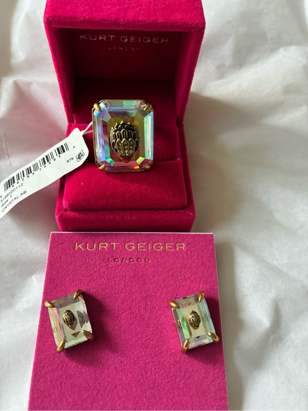 Kurt Geiger Gold-Tone Ring and Stud Earrings with Aurora Crystal, size 7 - Picture 2 of 10